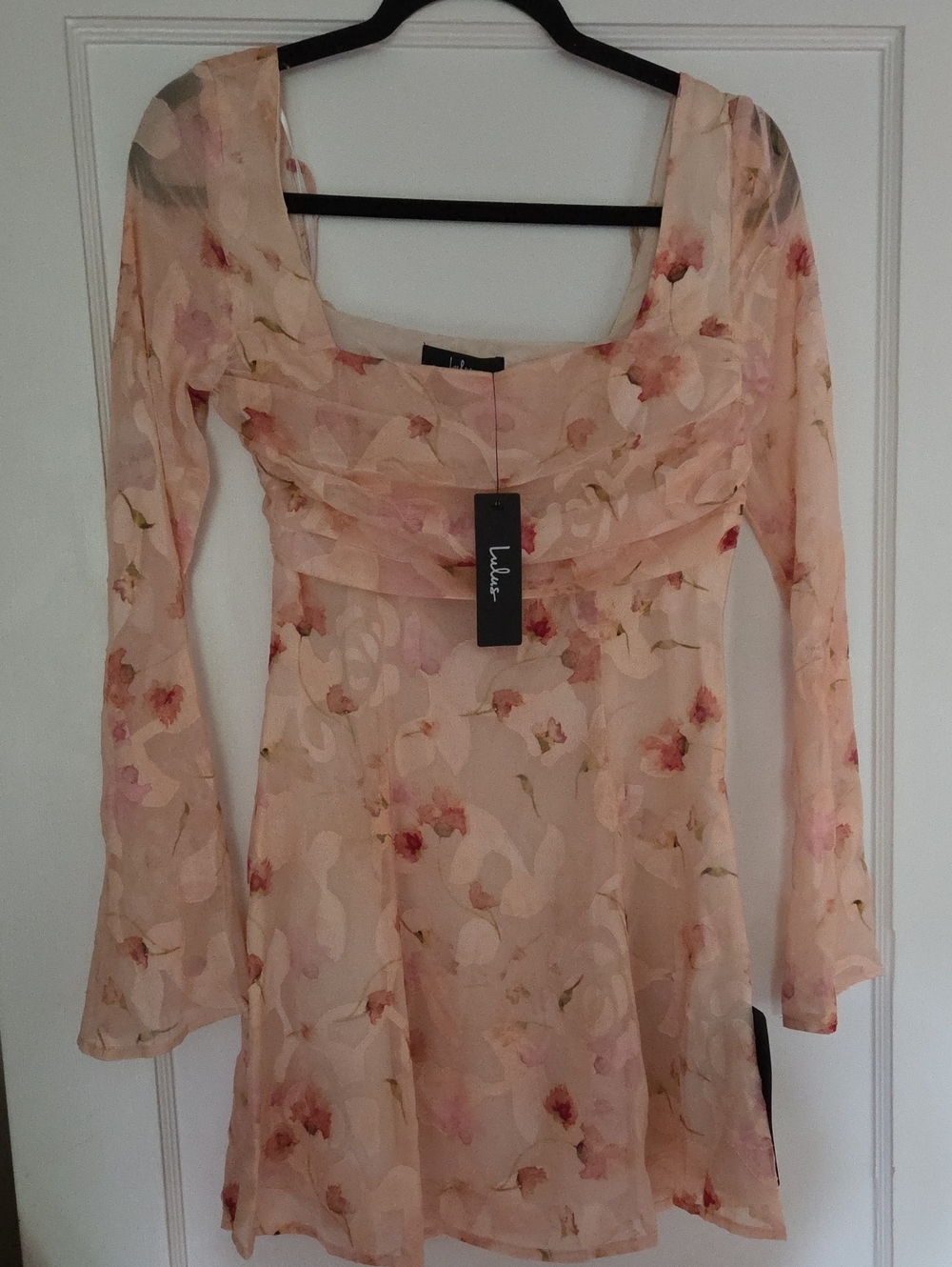 Lulu's Rieti Cream Floral Burnout Long-Sleeve Mini Dress